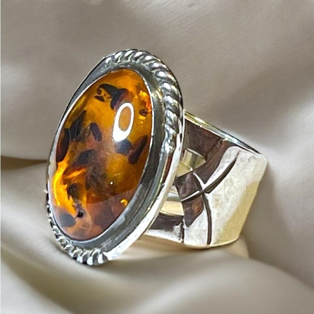 Jay King Mine Finds (DTR) Amber Cabochon Sterling Silver Ring Signed Size 7 BOHO